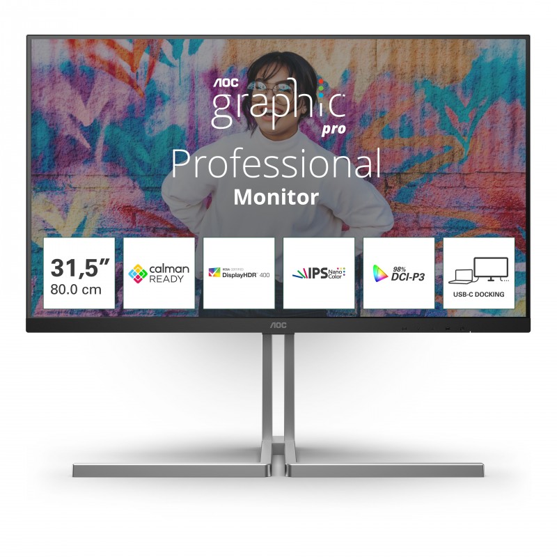 AOC U32U3CV monitori 80 cm (31.5") 3840 x 2160 pikseļi 4K Ultra HD LCD Melns