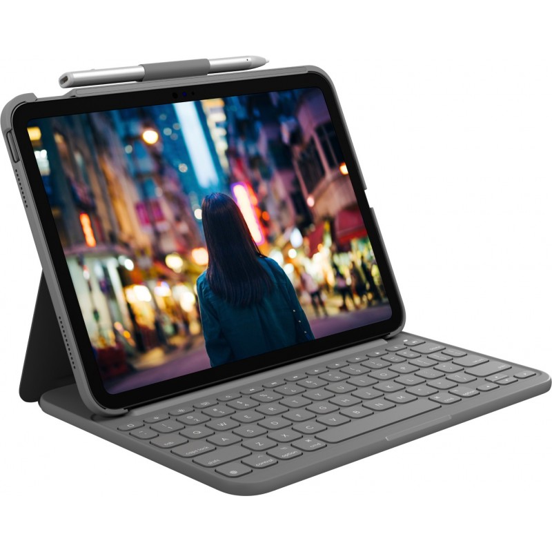 Logitech Slim Folio QWERTY Dāņu, Somu, Norvēģu, Zviedru Bluetooth sistēma Pelēks