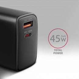 Axagon ACU-PQ45 QC 3.0, 4.0 AFC FCP PPS PD, 45W, schwarz - Netzladegerät mit USB-A und USB-C Schnittstelle Mobilais telefons,