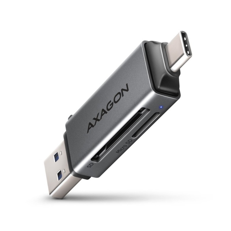 Axagon CRE-DAC USB-C+ USB-A 5 Gbps MINI card reader 2-slot & lun SD microSD кардридер USB 3.0 Type-A Type-C Серый