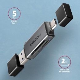 Axagon CRE-DAC USB-C+ USB-A 5 Gbps MINI card reader 2-slot & lun SD microSD karšu lasītājs USB 3.0 Type-A Type-C Pelēks