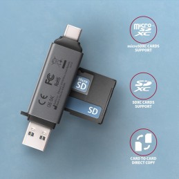 Axagon CRE-DAC USB-C+ USB-A 5 Gbps MINI card reader 2-slot & lun SD microSD karšu lasītājs USB 3.0 Type-A Type-C Pelēks