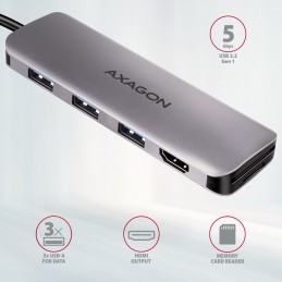 Axagon HMC-HCR3A 3x USB-A+ HDMI+ SD microSD USB-C 3.2 Gen 1 hub 20cm Проводная USB 3.2 Gen 1 (3.1 Gen 1) Type-A Серый