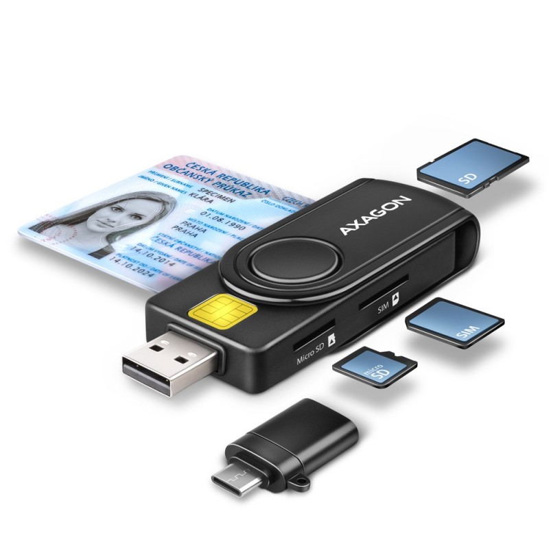 Axagon CRE-SMP2A USB Smart card & SD microSD SIM PocketReader считыватель сим-карт Для помещений USB 2.0 Черный