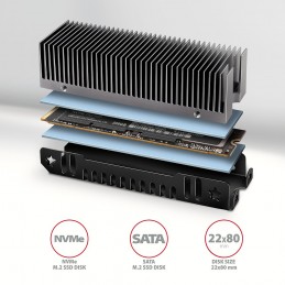 Axagon CLR-M2XT M.2 SSD Passivkühler Aluminium - 2280 M.2 NVMe SSD, Bezkontakta piedziņa Siltuma aizvadītājs   radiators Melns,