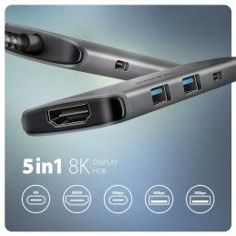 Axagon HMC-5H8K USB 5Gbps hub 2x USB-A USB-C HDMI 8k 30Hz PD 100W kabel USB-C Проводная USB 3.2 Gen 1 (3.1 Gen 1) Type-C Серый