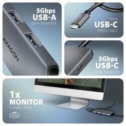 Axagon HMC-5H8K USB 5Gbps hub 2x USB-A USB-C HDMI 8k 30Hz PD 100W kabel USB-C Проводная USB 3.2 Gen 1 (3.1 Gen 1) Type-C Серый