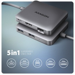 Axagon N HMC-5HL USB 5Gbps hub 2x USB-A HDMI 4k 60Hz RJ-45 GLAN PD 100W kabel USB-C Проводная USB 3.2 Gen 1 (3.1 Gen 1) Type-C