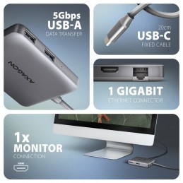 Axagon N HMC-5HL USB 5Gbps hub 2x USB-A HDMI 4k 60Hz RJ-45 GLAN PD 100W kabel USB-C Проводная USB 3.2 Gen 1 (3.1 Gen 1) Type-C